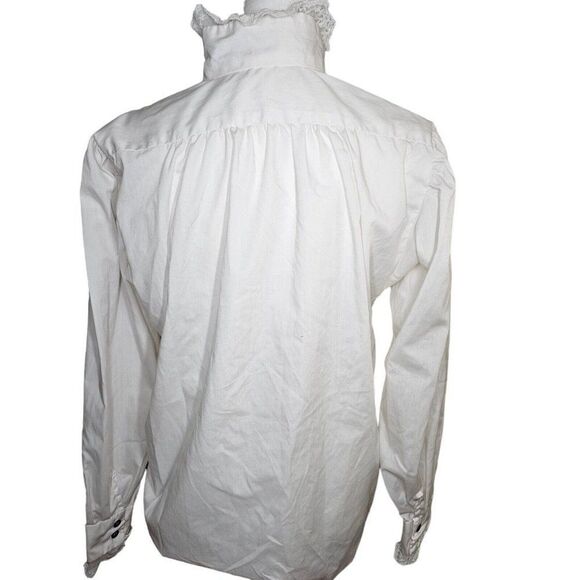Vintage 80s Button Up Blouse Womens S White Ruffle Front Romantic Modest Lace - Picture 7 of 7
